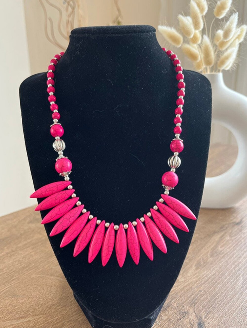 Necklace Pink Malachite Natural Stone Bohemian Style Silvery Tribal Boho Jewelry - Picture 4 of 4